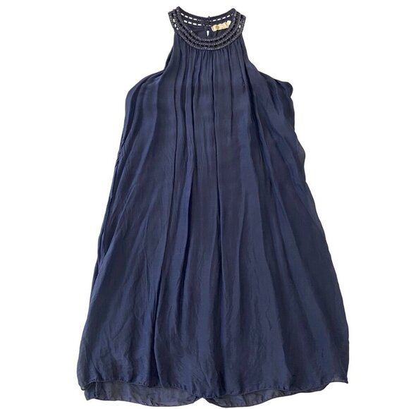 Made in Italy Halter Neck midnight blue Sleeveless Silk blend Chiffon Dress - Picture 9 of 15